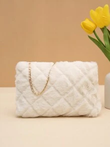 女士毛绒材质斜挎包，新款时尚百搭链条单肩包，毛绒锁扣小方包