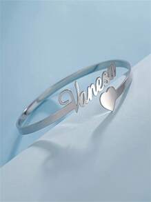 1 Piece Customized Name Heart Bracelet For Women Men, Golden Stainless Steel Open Bracelet, Stylish Personalized Customized Name Bracelet, Party Birthday Gift For Family For Friends - Silver - View 8