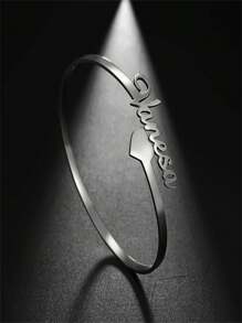 1 Piece Customized Name Heart Bracelet For Women Men, Golden Stainless Steel Open Bracelet, Stylish Personalized Customized Name Bracelet, Party Birthday Gift For Family For Friends - Silver - View 11