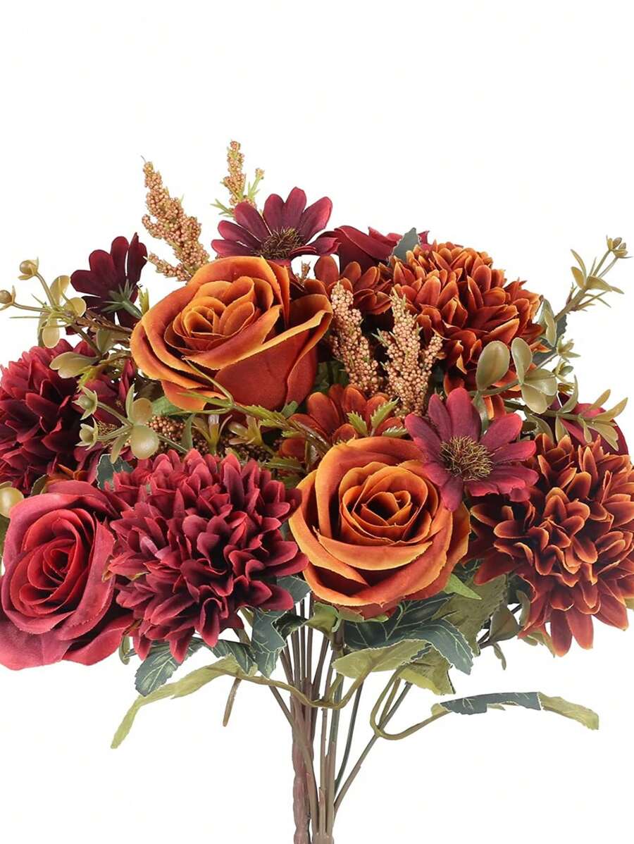1pc/3pcs Artificial Peony Silk Embroidered Flower, Home Decor Accessory For Autumn, Vase Filler, Wedding Bouquet, Garden Rose Arch, Living Room Decor, New Year Decoration, Planter Decor, Valentine's Day Gift - Burnt Orange - View 1