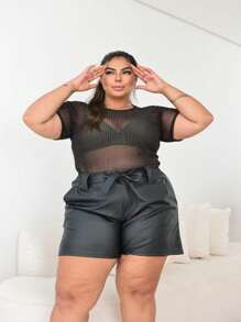 Women's Plus Size Leather Shorts G1 G2 G3 With Bow Promotion - 黑色 - 查看 1