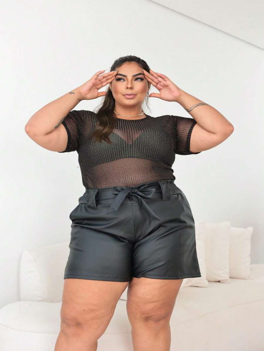 Women's Plus Size Leather Shorts G1 G2 G3 With Bow Promotion - 黑色 - 查看 1