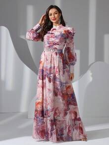 女式立领、全身花卉印花、随机印花、腰带装饰、胸部荷叶边设计、优雅长袖长裙，适合各种场合、节日、休闲