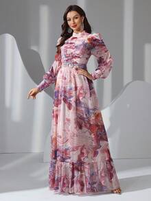 女式立领、全身花卉印花、随机印花、腰带装饰、胸部荷叶边设计、优雅长袖长裙，适合各种场合、节日、休闲