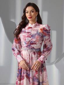 女式立领、全身花卉印花、随机印花、腰带装饰、胸部荷叶边设计、优雅长袖长裙，适合各种场合、节日、休闲