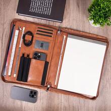 13 Inch Embossed Brown PU Leather Portfolio With Zipper, Padfolio, Professional Business Portfolio, A4 Document Storage, Stylish And Tasteful, Spacious Interior,Perfect Anniversary, Graduation, Or Business Gift For Her