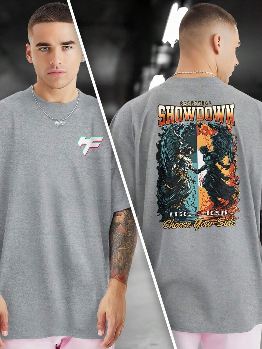 T-Shirt With Front And Back Print SHOWDOWN SIDE 100% Cotton GPJ1 - 灰色 - 查看 1