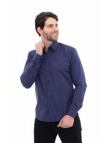 KIT Masculino 2 Peças - Camisa Social Tipo Linho Azul Marinho e Camisa Social Manga Longa Slim Azul Marinho - Azul Marinho - Visão 6