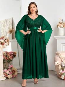 Plus Deep V Neck Contrast Sequin Lace Butterfly Sleeve Chiffon Prom Long Dress - Dark Green - View 4