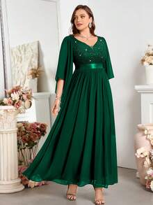 Plus Deep V Neck Contrast Sequin Lace Butterfly Sleeve Chiffon Prom Long Dress - Dark Green - View 7