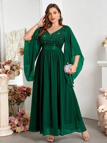Plus Deep V Neck Contrast Sequin Lace Butterfly Sleeve Chiffon Prom Long Dress - Dark Green - View 6