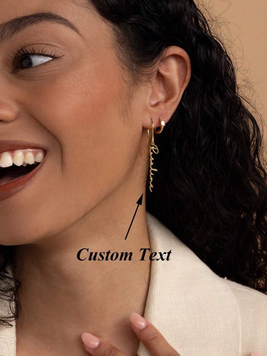 1 Pair Dainty Customized Vertical Name Earring Personalized Text Stainless Steel Earrings For Women Wedding Charm Golden Jewelry Vacation Daily Wear Accessories Gifts For Her