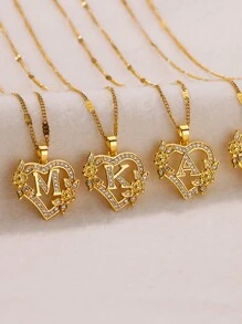 1 Pc Fashion Zirconia Flower Initial Heart Pendant Necklaces For Women Gold Color Stainless Steel Letter Chain Wedding Jewelry Gifts Valentines,Mom,Mother,Mother's Day,Gift