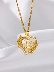 1 Pc Fashion Zirconia Flower Initial Heart Pendant Necklaces For Women Gold Color Stainless Steel Letter Chain Wedding Jewelry Gifts Valentines,Mom,Mother,Mother's Day,Gift