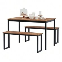 DlandHome Dining Table Set For 4,Kitchen Table With Benches,Wooden Dining Table And Chair Set Of 3, Iron Frame, Brown - màu nâu - Xem 6