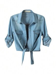 Women's Roll Up 3/4 Sleeve Tie Front Knot Shirt Chambray Denim Crop Top - Light Wash - View 6