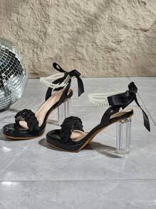Black Waterproof Platform Crystal Heel Pearl Decorated Sexy High Heel Sandals For Women