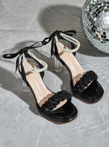 Black Waterproof Platform Crystal Heel Pearl Decorated Sexy High Heel Sandals For Women
