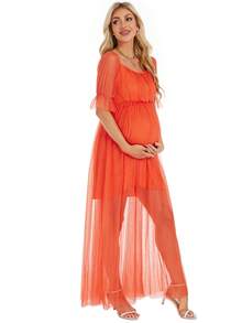 女士时尚长袖透明纯色孕妇优雅连衣裙，适合派对 - 橘色 - 查看 4