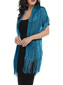 1pc Shiny Silver Metallic Flat Wrap Scarf With Clasp, Suitable For Bridal, Ball, Prom Evening Dress, Graduation - Teal - View 2