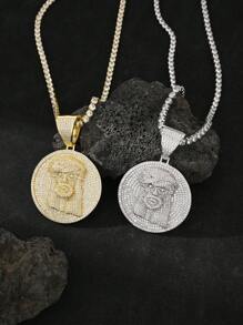 1 件镀白金微镶冰晶嘻哈流行全水钻 5A CZ 圆盘基督耶稣吊坠高品质情侣礼物男士配饰带 4 毫米 20 英寸网球链项链节日派对礼物