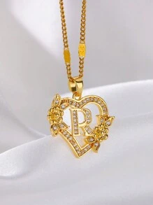 1 Pc Fashion Zirconia Flower Initial Heart Pendant Necklaces For Women Gold Color Stainless Steel Letter Chain Wedding Jewelry Gifts Valentines,Mom,Mother,Mother's Day,Gift