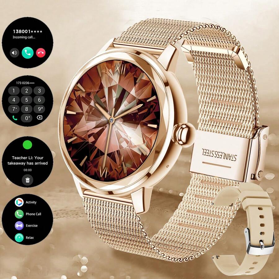 智能手表具有通话功能、多种运动模式、久坐提醒、天气预报、消息通知、兼容 Android 和 IOS、时尚女性礼物 - 玫瑰金 - 查看 1