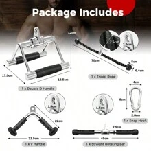 Cable Machine Attachment Set, LAT Pulldown Attachments Incl. V-Shaped Press Down Handle, Straight Bar, Tricep Rope & Double D Handle, Weight Machine Accessories For Home Gym - Silver - View 2