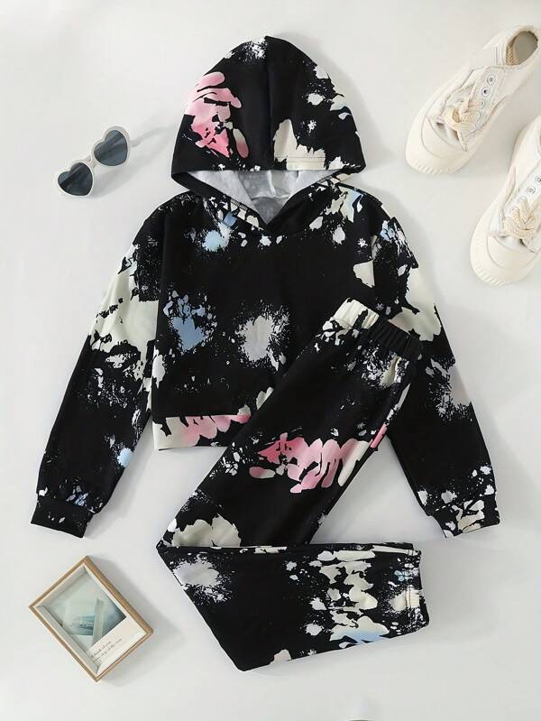 Kleine Mädchen Set aus Kapuzenpullover mit Batik-Muster und Jogginghose, Herbst Winter