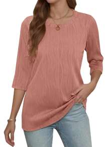 Blusas casuales para mujer, camisas de cuello redondo con mangas 3/4, blusas holgadas - Rosa - Ver 3