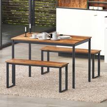 DlandHome Dining Table Set For 4,Kitchen Table With Benches,Wooden Dining Table And Chair Set Of 3, Iron Frame, Brown - màu nâu - Xem 2