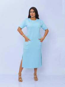 Midi Sweatshirt Dress With Front Pockets - Stylish And Modern | Fashion 2024 - 淺藍色 - 查看 2