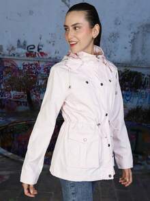 Women's Trench Coat Jacket Windbreaker Waterproof With Detachable Hood - Pink - View 2