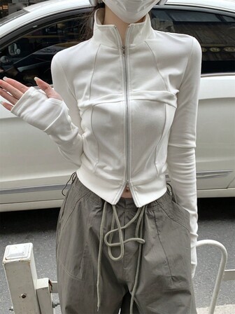 Korean Style Fishbone Patterned Fitted Long Sleeve Jacket, Women Early Autumn Solid Color Short Casual Zipper Cardigan