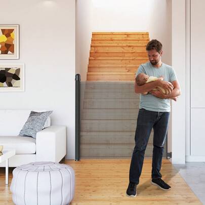 VA-Cerulean PVC Door Gate, White / Grey / Black, 0-180cm / 0-300cm, Extendable Baby Stair Gate For Children And Pets, Retractable Stair Protection Blind, Dog Barrier Door Gate, Mobile Gate