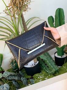 鳄鱼纹、大理石纹、简约、时尚、休闲 PU、纯色手拿包信封包、优雅女士手拿包 - 黑色 - 查看 7