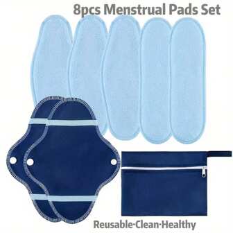 8 件装可重复使用卫生巾套装 - 柔软蓝色摇粒绒，防水、可洗、透气，日常舒适 - 经期护理和卫生保健的每月必需品