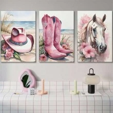 3 Pieces Of Coastal Western Cowgirl Canvas Wall Art, Pink Flower Boots Hat, Horse Aesthetic Painting Picture, Wall Decoration, Southern Girl Fashion College Style Poster Printing Artwork, Girl Room Bedroom Dormitory, Frameless