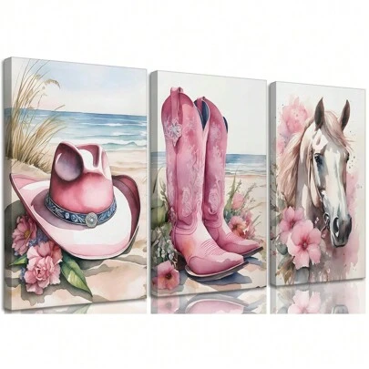 3pcs Western Cowgirl Canvas Wall Art, Pink Floral Boots Hat Horse Aesthetic Painting, Wall Decor, Southern Girl Fashion Campus Style Poster Print Art, Girls Room Bedroom Dorm Decoration, Unframed