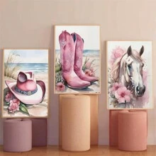 3 Pieces Of Coastal Western Cowgirl Canvas Wall Art, Pink Flower Boots Hat, Horse Aesthetic Painting Picture, Wall Decoration, Southern Girl Fashion College Style Poster Printing Artwork, Girl Room Bedroom Dormitory, Frameless