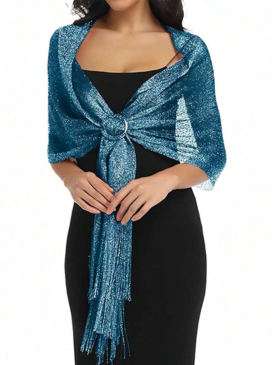 1pc Shiny Silver Metallic Flat Wrap Scarf With Clasp, Suitable For Bridal, Ball, Prom Evening Dress, Graduation - Teal - View 1
