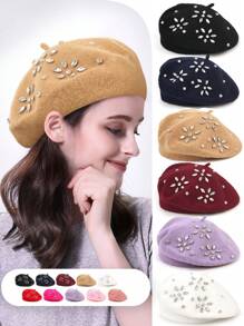 1 件女士彩色蝴蝶结花朵羊毛纯色贝雷帽，休闲百搭