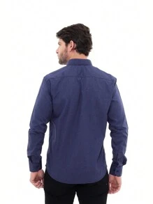 KIT Masculino 2 Peças - Camisa Social Tipo Linho Azul Marinho e Camisa Social Manga Longa Slim Azul Marinho - Azul Marinho - Visão 7