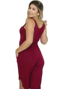 Plus Size Pantacourt Jumpsuit With Button And Adjustable Belt Beautiful - Màu Đỏ Sâu - Xem 2