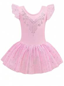 带薄纱裙的年轻女孩芭蕾紧身衣，儿童短袖舞蹈体操芭蕾舞裙运动服 - 淺粉色 - 查看 1