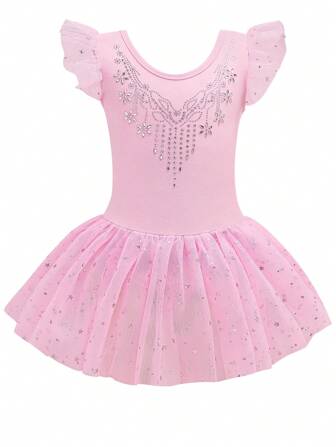 带薄纱裙的年轻女孩芭蕾紧身衣，儿童短袖舞蹈体操芭蕾舞裙运动服