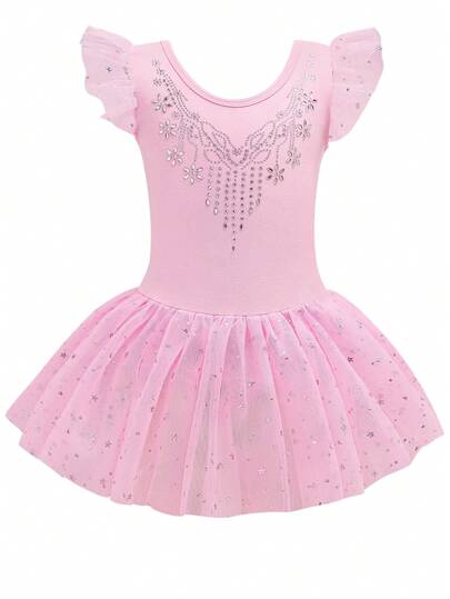 带薄纱裙的年轻女孩芭蕾紧身衣，儿童短袖舞蹈体操芭蕾舞裙运动服