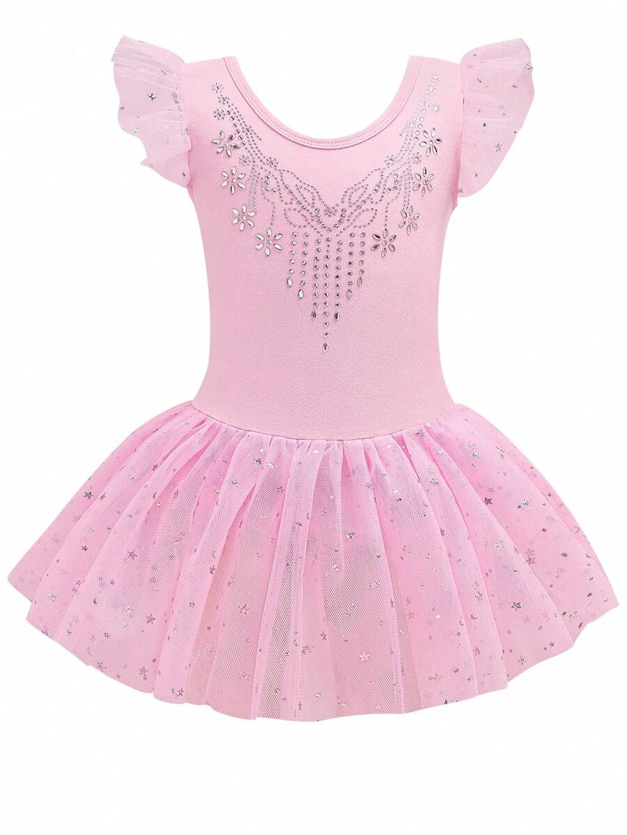 带薄纱裙的年轻女孩芭蕾紧身衣,儿童短袖舞蹈体操芭蕾舞裙运动服 - 淺粉色 - 查看 1