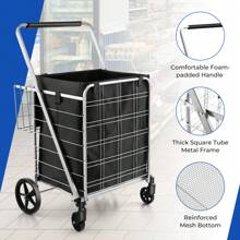 Folding Shopping Cart, Heavy-Duty Grocery Cart W/ Waterproof Liner, 126L Large Capacity & 150kg Max Load, Portable Utility Carts For Market, Laundry, Luggage - Silver - View 2