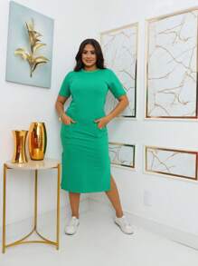 Midi Sweatshirt Dress With Front Pockets - Stylish And Modern | Fashion 2024 - 墨綠色 - 查看 7